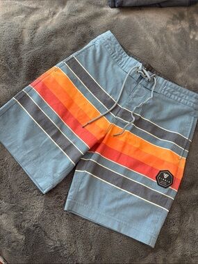 EUC VISSLA Blue Board Shorts with Orange and Red Stripes Size 27